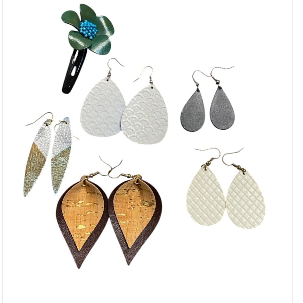 Handmade fabric earrings.  5 pair. Plus one hair clip.